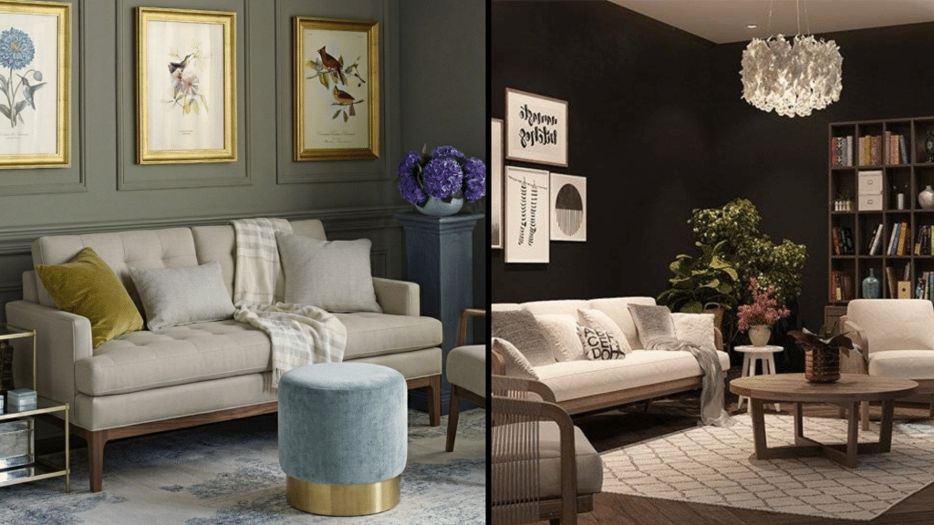 modern living room with black walls, white sofas, wooden furniture, a grid bookshelf, and a glowing leafy chandelier over a rug