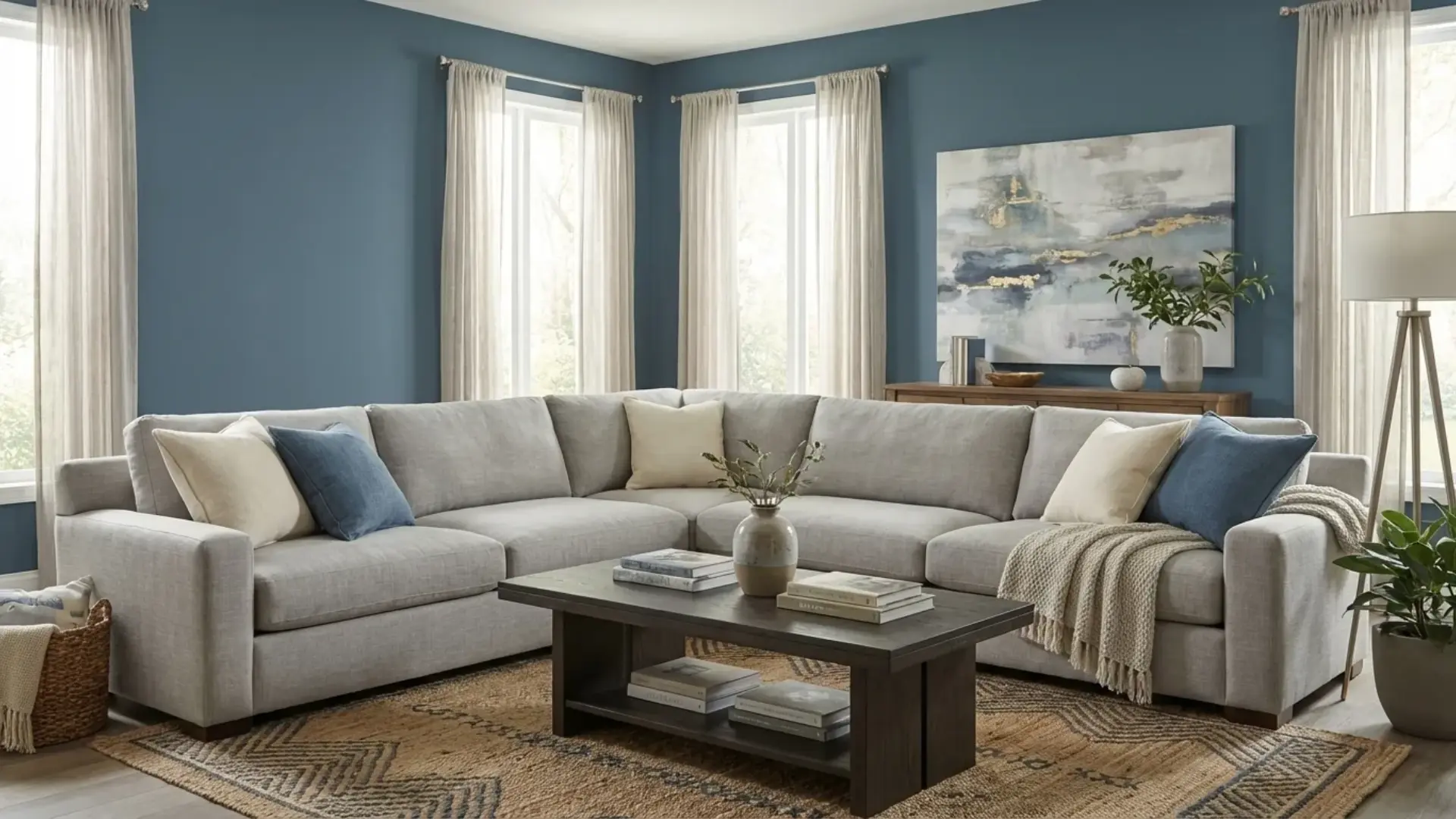 modern living space with smoky blue in living rooms walls a large grey sectional sofa and neutral textured rug