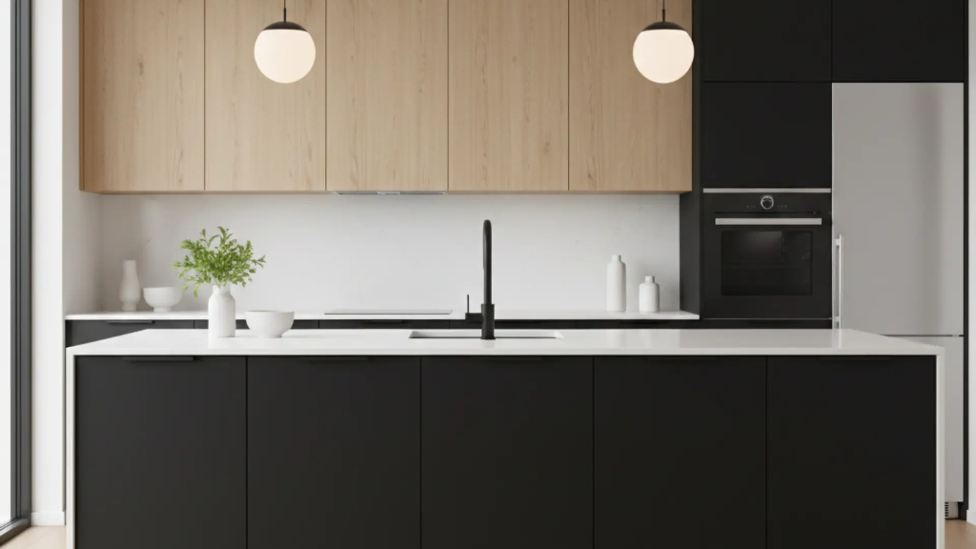 modern minimalist kitchen with matte black and light wood cabinetry, white quartz island, and globe pendant lighting