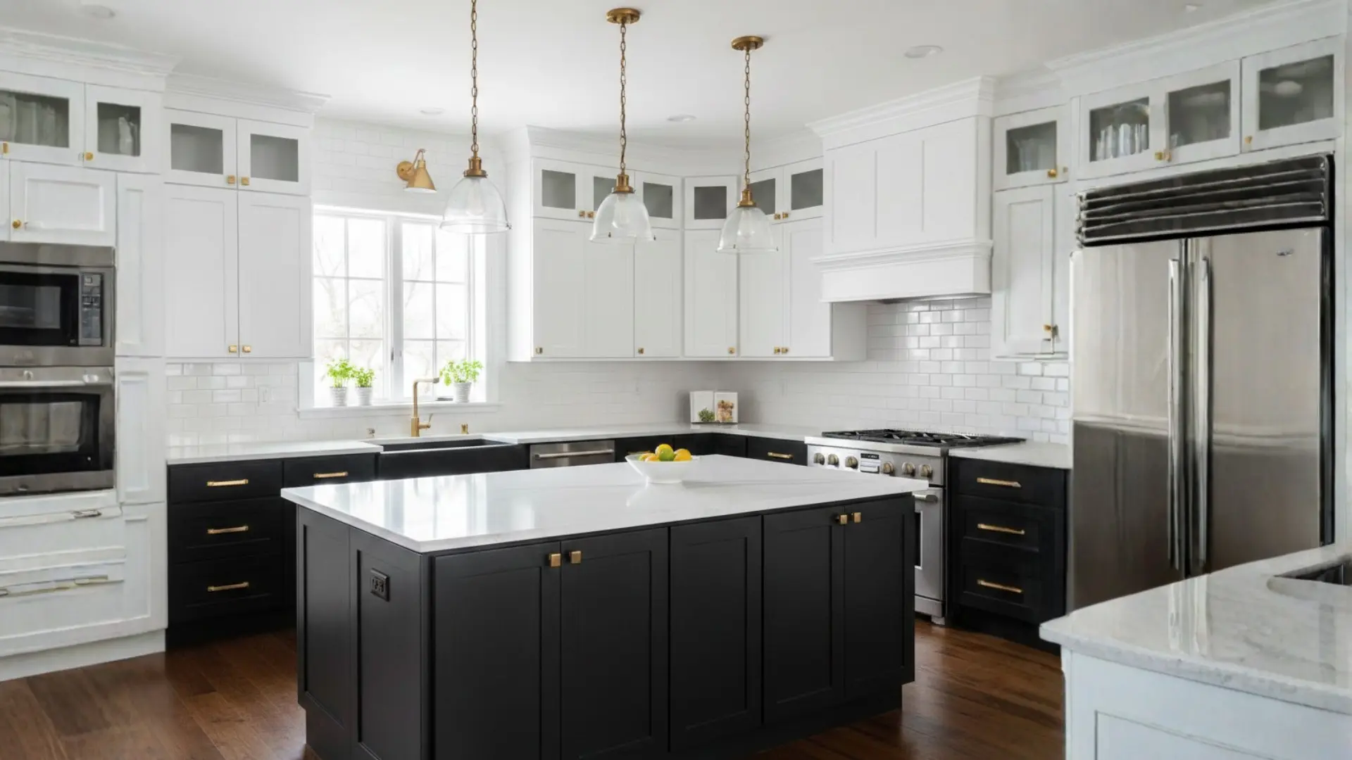 modern tuxedo kitchen featuring black lower cabinets, white uppers, gold hardware, and a large black island with quartz