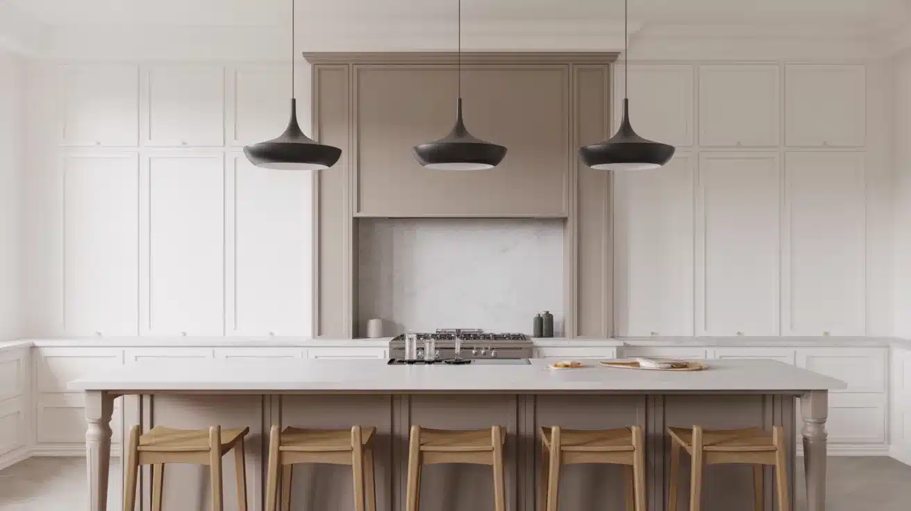 modern white kitchen with large island, wooden stools, pendant lights, paneled cabinets, and. built-in cooktop