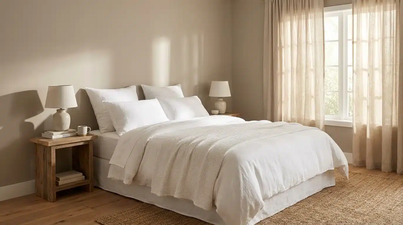 neutral bedroom with beige walls, white bedding, wooden nightstands, table lamps, sheer curtains, and a woven rug