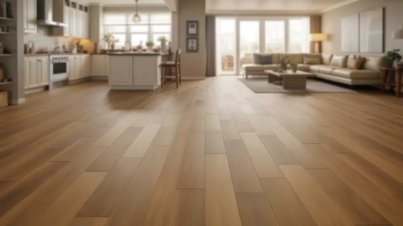 open concept kitchen and living room with wood plank flooring installed uniformly, large windows, and neutral furniture