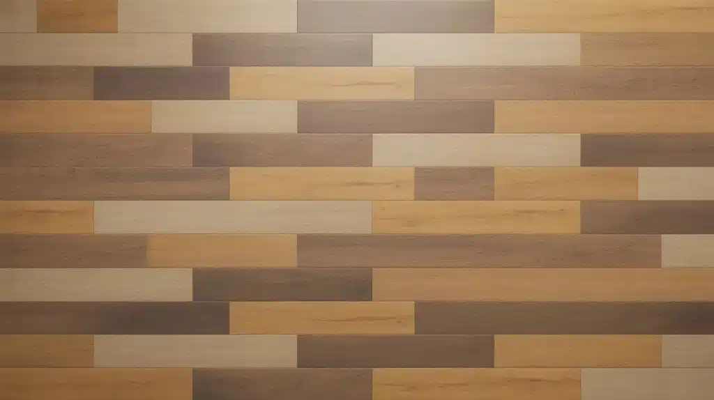 overhead view of mixed tone wood planks arranged in staggered brick pattern with varied light and dark finishes