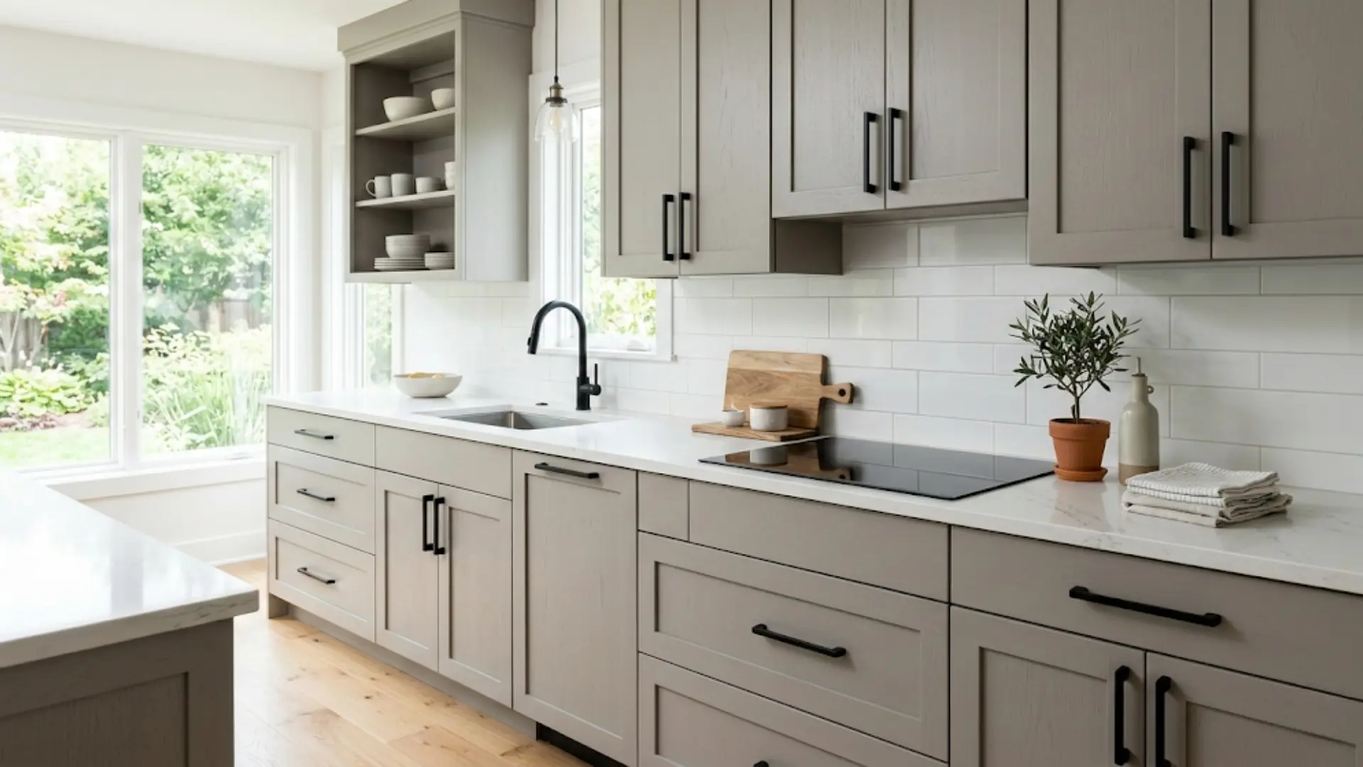 paint oak kitchen cabinets a neutral, modern color like this soft grey for a contemporary and bright kitchen update