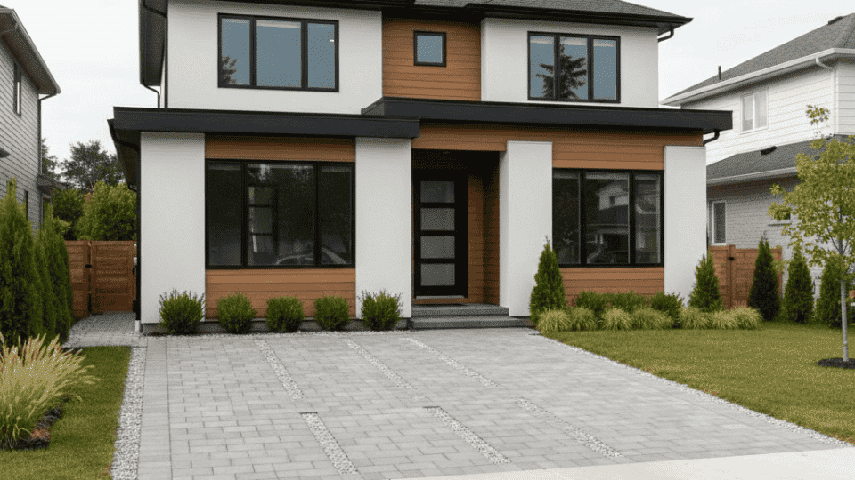 permeable paver driveway with gray blocks and gravel joints in front of modern two story home