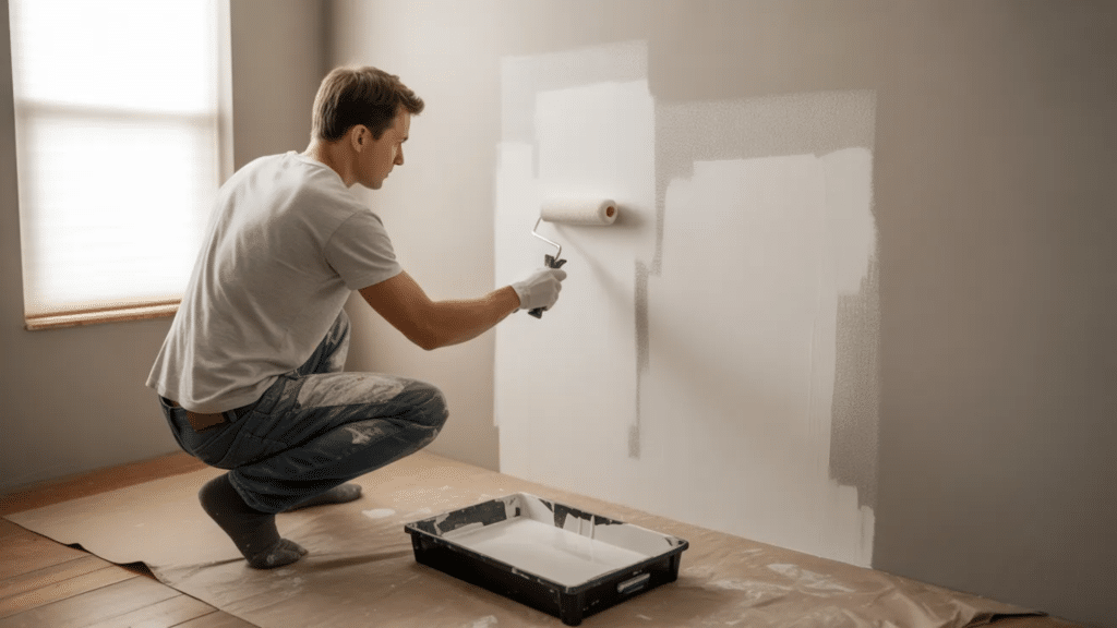 person kneeling on the floor using a paint roller to apply flat white paint to a wall, with a paint tray placed on protective paper nearby