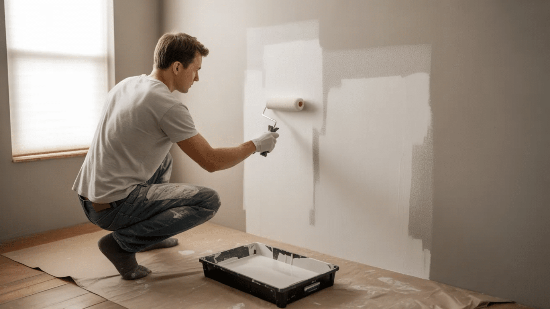 person kneeling on the floor using a paint roller to apply flat white paint to a wall, with a paint tray placed on protective paper nearby