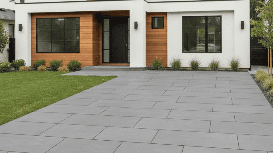 porcelain slab driveway with large gray tiles in front of modern two story home