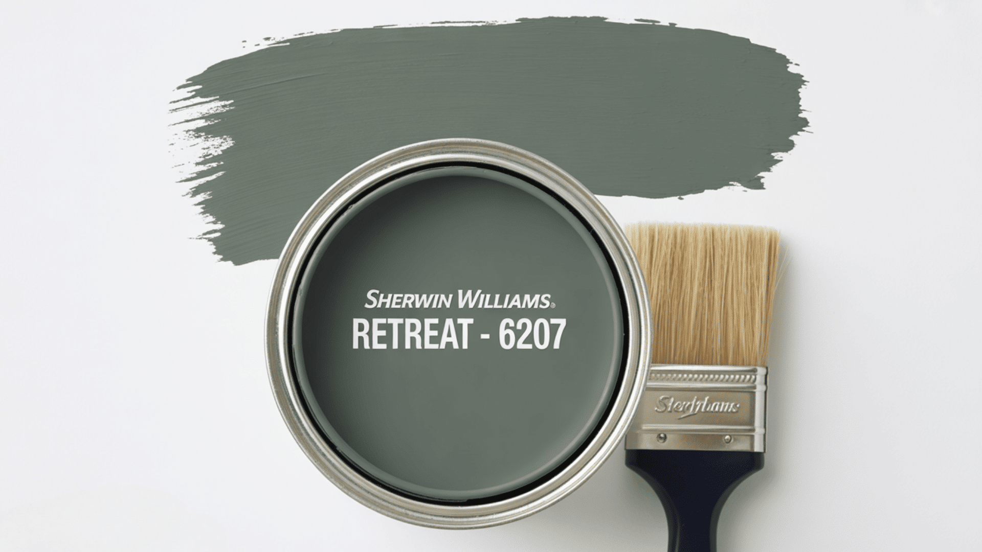 product photography style image of a paint color swatch and brush against a white background