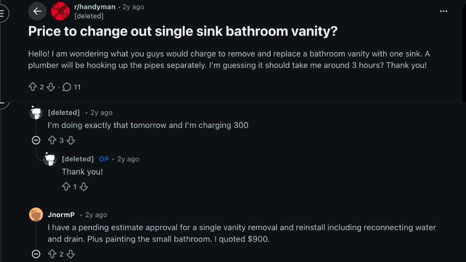 reddit discussion about cost to replace a single sink bathroom vanity with handyman price estimates