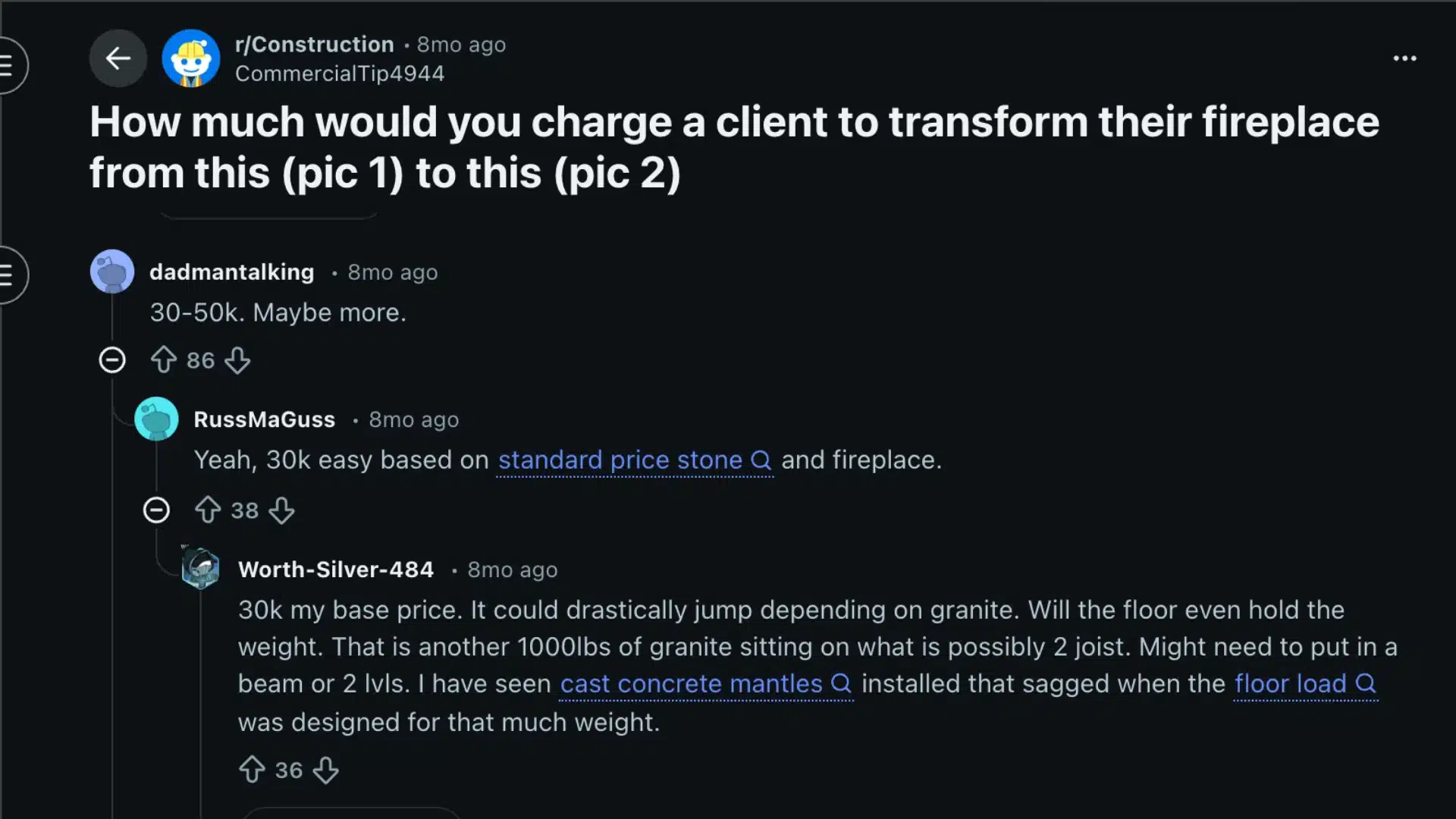 reddit screenshot of users sharing fireplace remodel costs, tips, and budget advice.