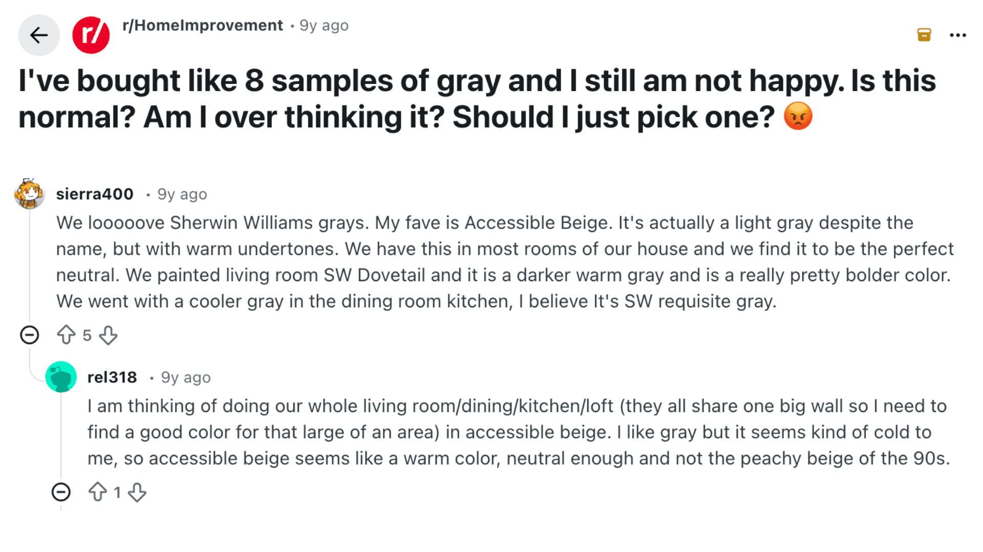reddit thread where a homeowner says they tried eight gray paint samples and still cannot choose the right shade