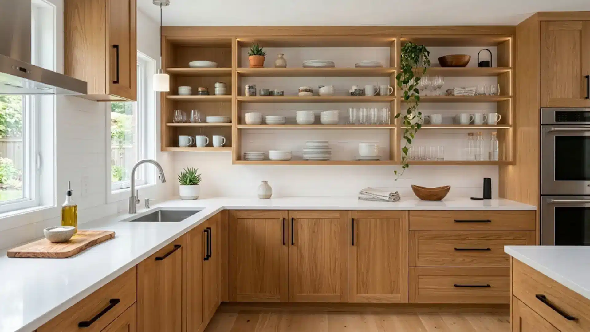 replace some upper cabinets with open shelving on your oak kitchen cabinets to create an airy modern look