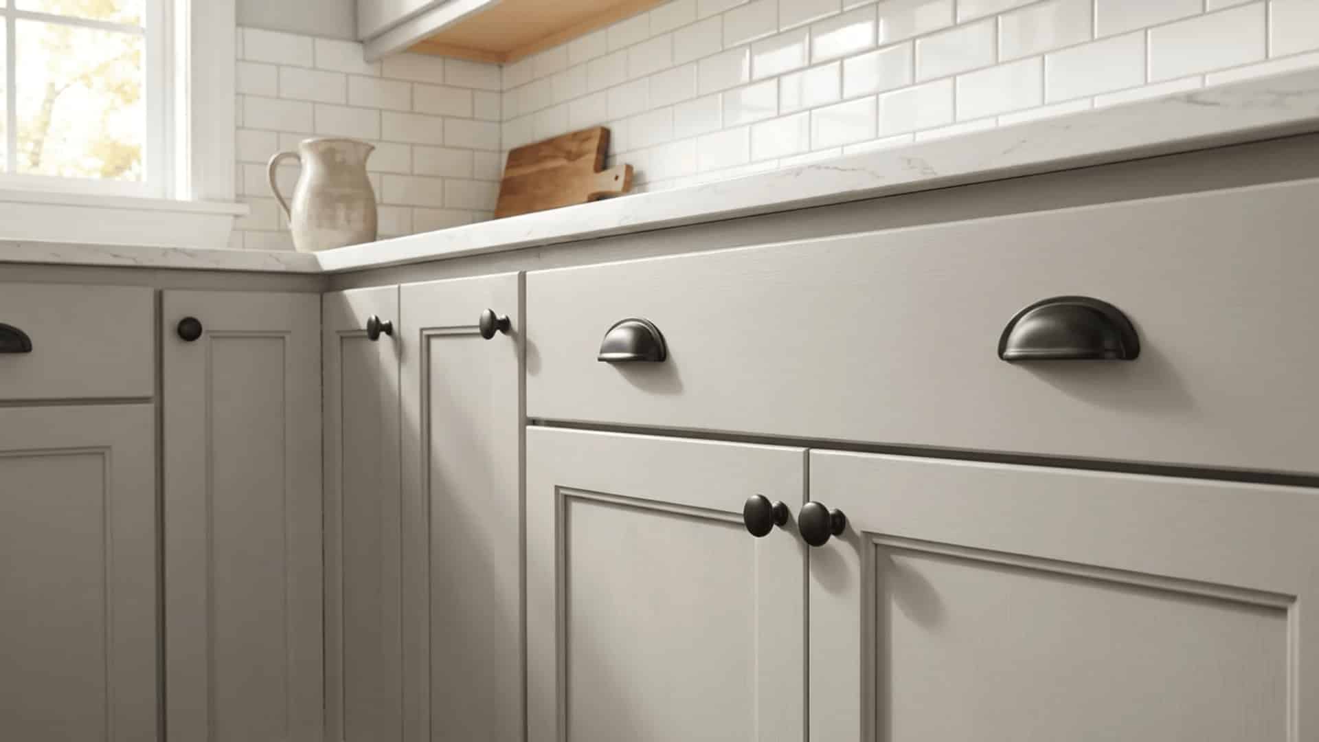 repose gray cabinets with matte black hardware, white quartz countertops, and subway tile backsplash in warm light