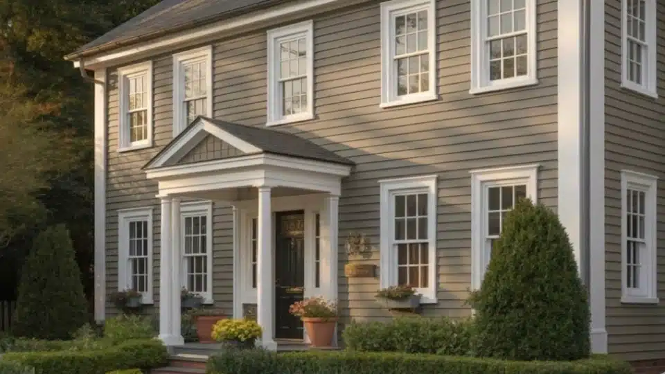 rockport gray exterior house with white trim, stone entry, and wood front door in natural daylight (3)