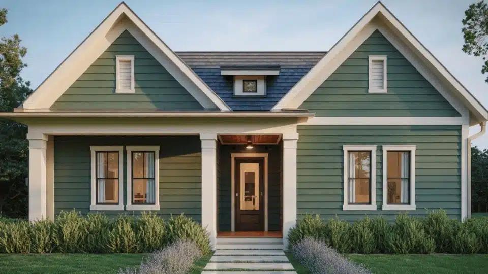 rosemary green house with white trim and a stone path in a wide horizontal exterior shot.
