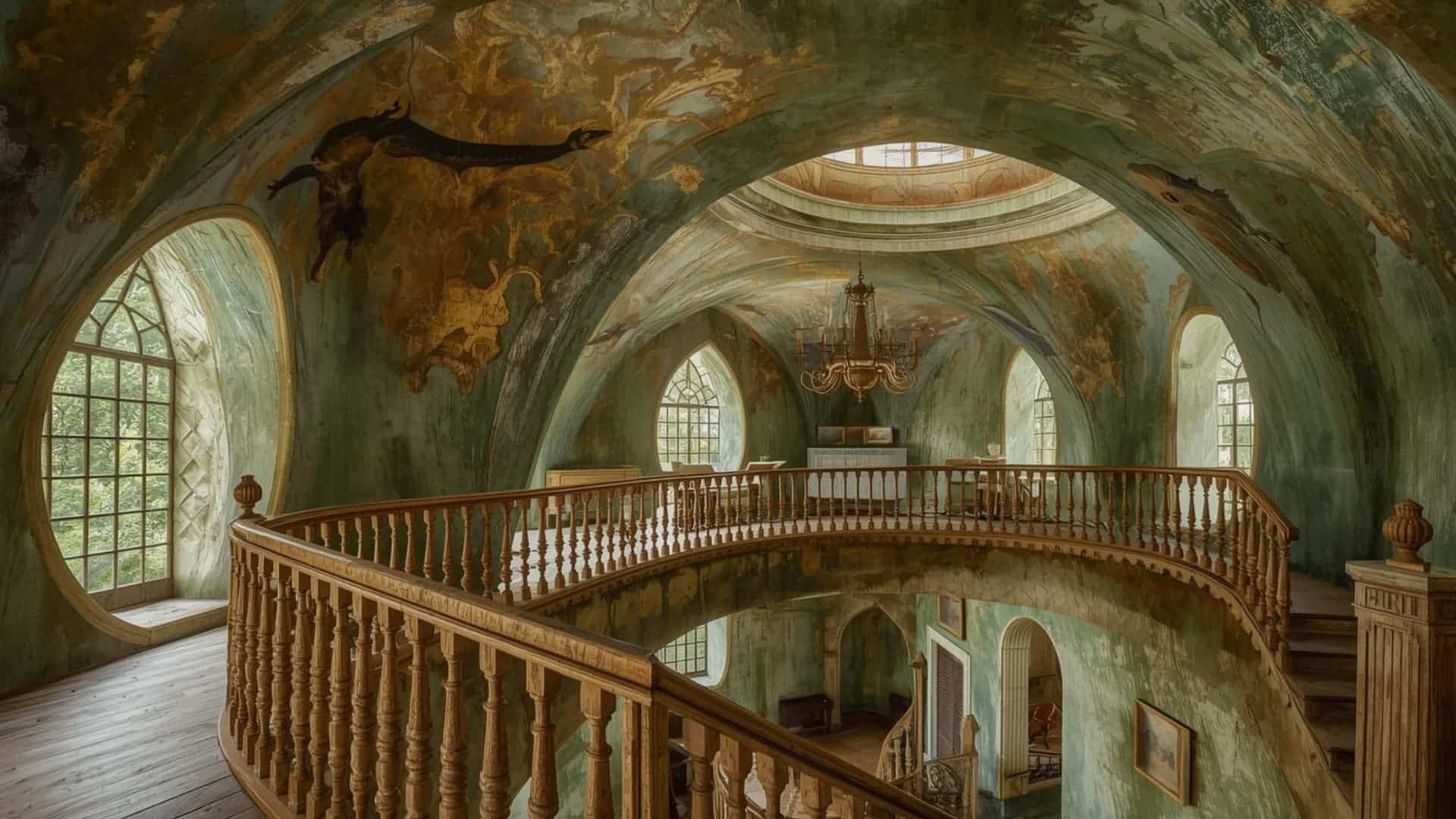 rt nouveau interior featuring floral wallpaper, a curved staircase, and a flower-shaped gold chandelier