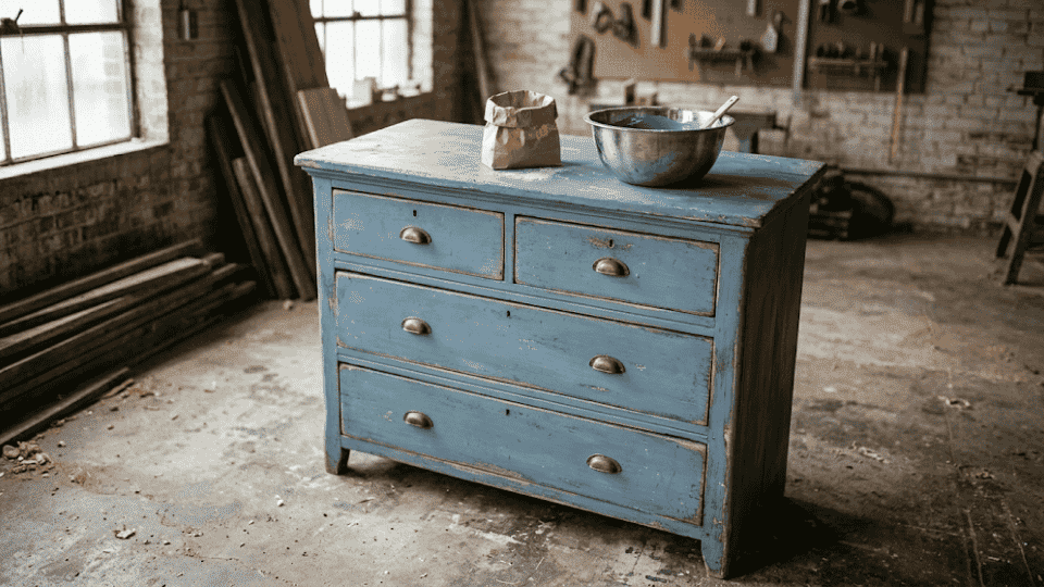 rustic blue milk-painted dresser with chipped edges in a sunlit workshop, mixing bowl and paint powder on top