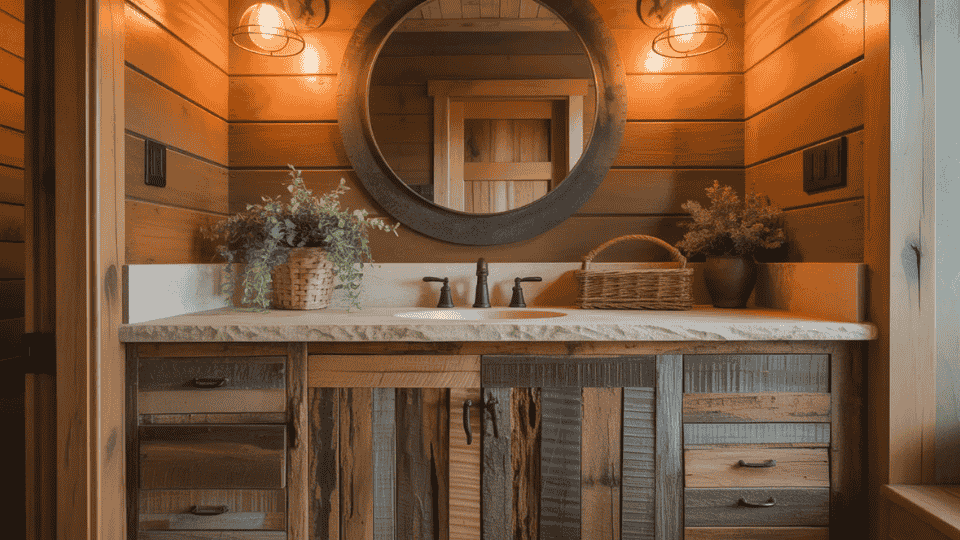 rustic cabin bathroom featuring reclaimed wood vanity round mirror black faucet and warm natural wood interior