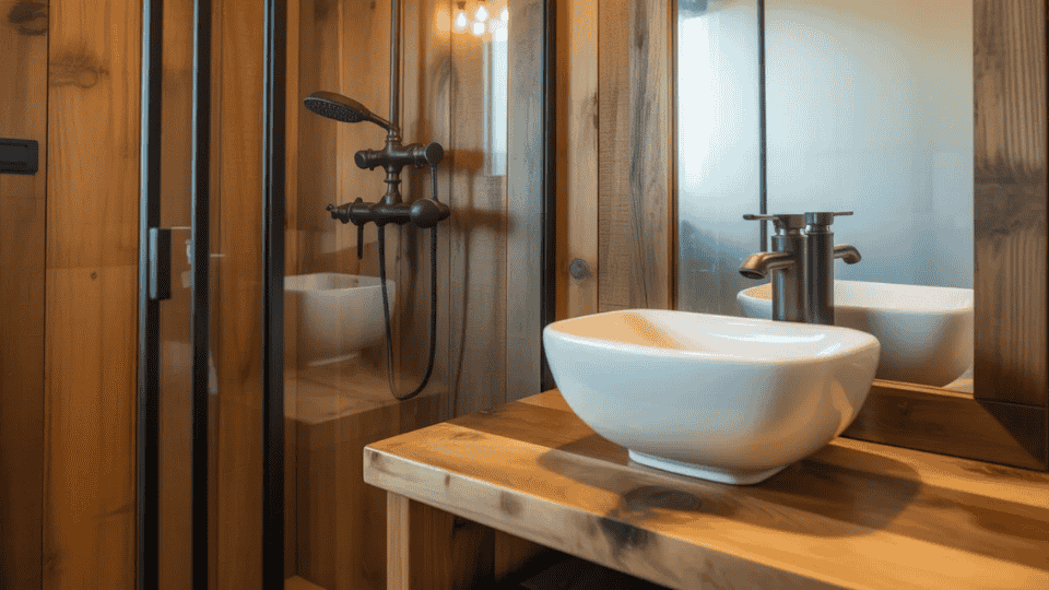 rustic cabin bathroom with black metal fixtures wooden vanity and warm natural textures