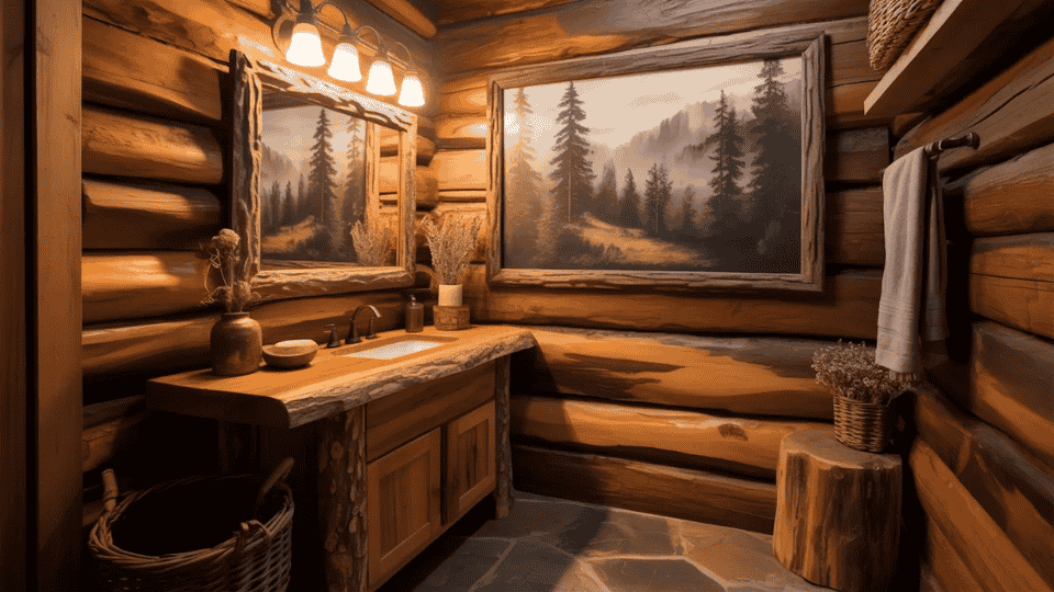 rustic cabin bathroom with forest wall art wooden vanity log walls warm lighting and cozy natural decor