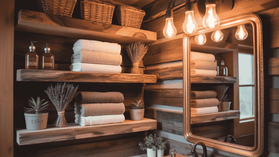 rustic cabin bathroom with open wooden shelving holding towels baskets and decor