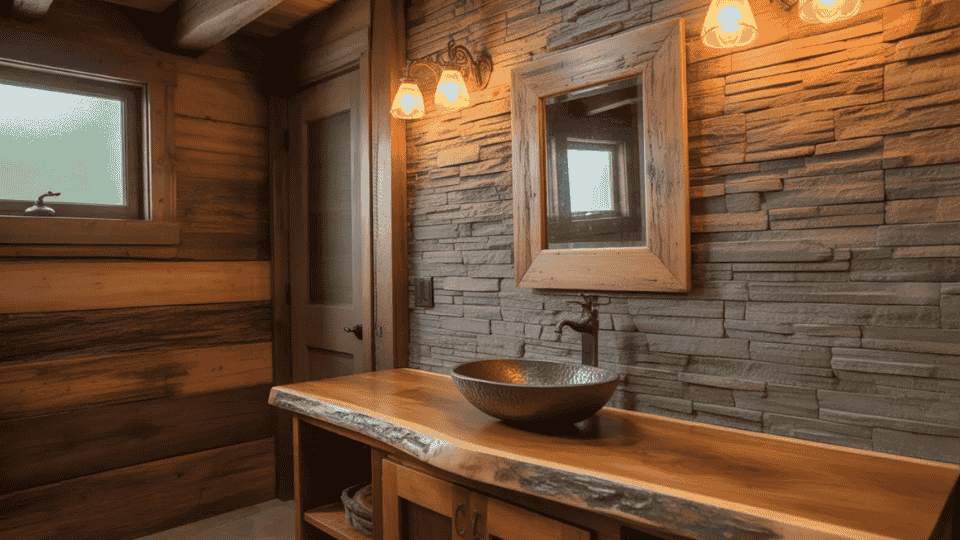 rustic cabin bathroom with stone accent wall wooden vanity warm lighting and natural earthy textures