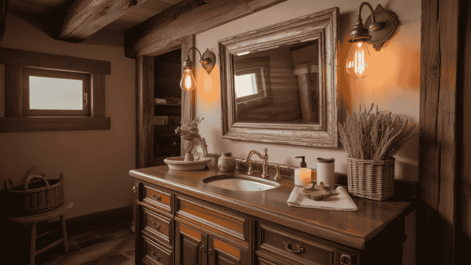 rustic cabin bathroom with vintage decor antique mirror warm lighting and wooden vanity