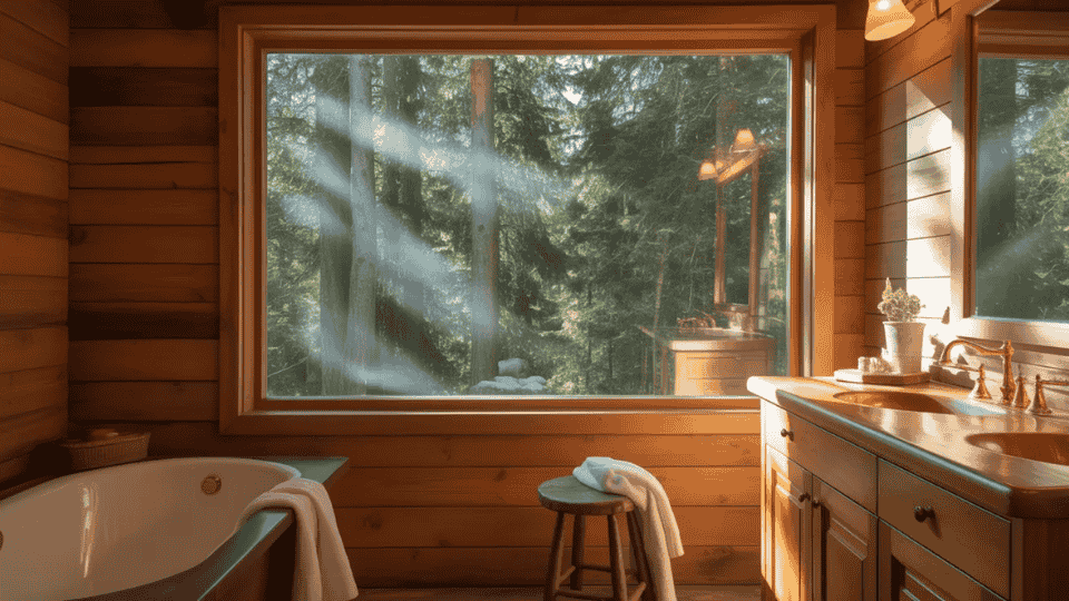 rustic cabin bathroom with window bringing natural light and forest view