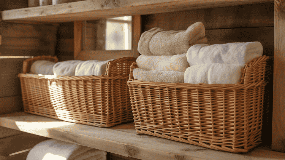 rustic cabin bathroom with woven baskets storing towels on wooden shelves