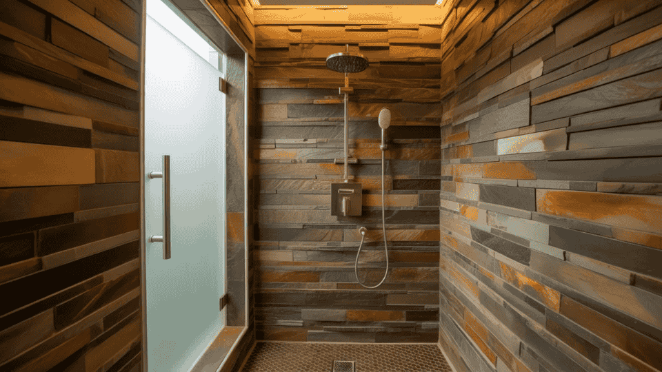 rustic cabin walk in shower with natural stone tiles glass panel and warm lighting in cozy bathroom (2)