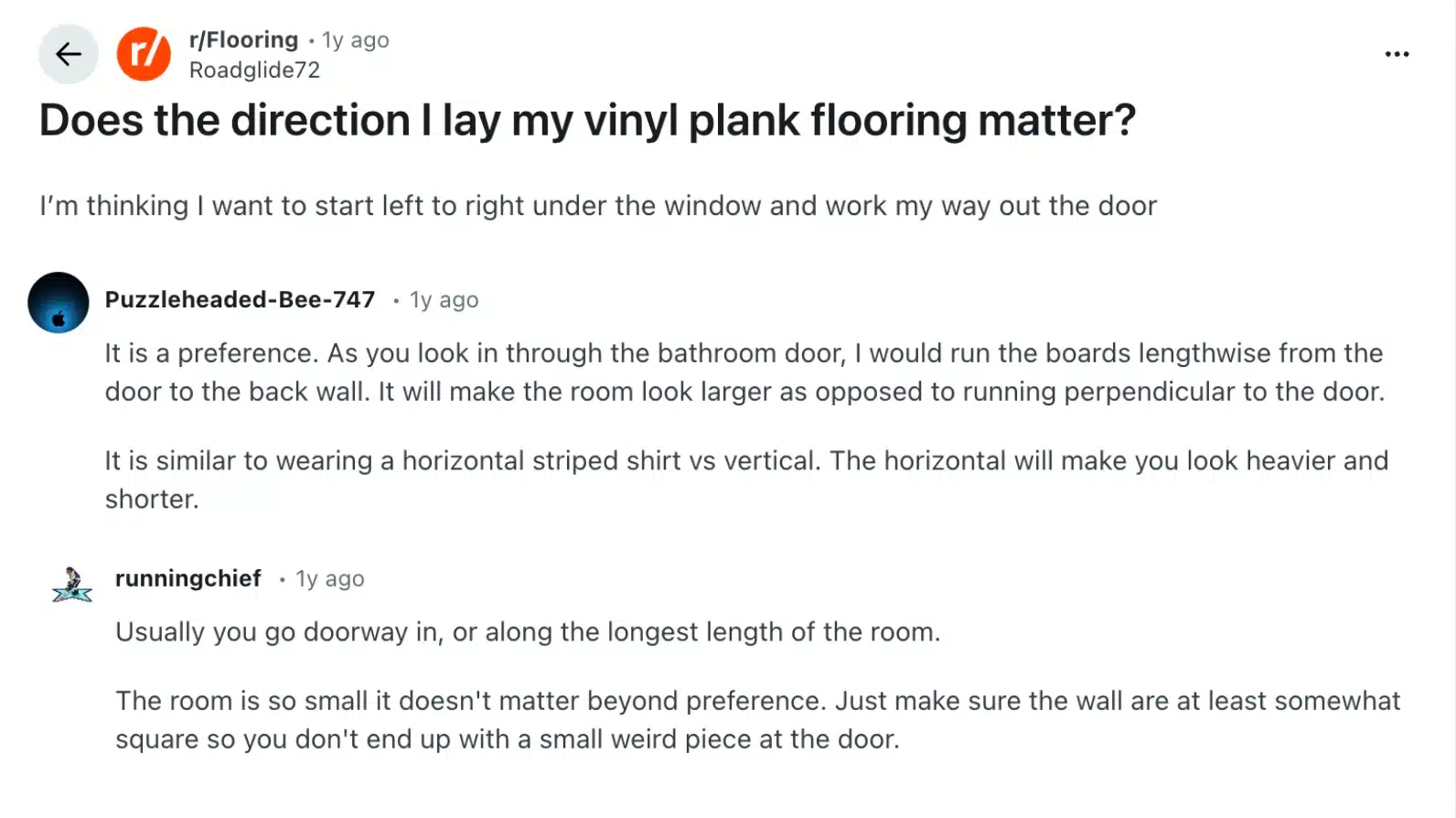 screenshot of reddit discussion about vinyl plank flooring direction preferences and advice on room layout impact