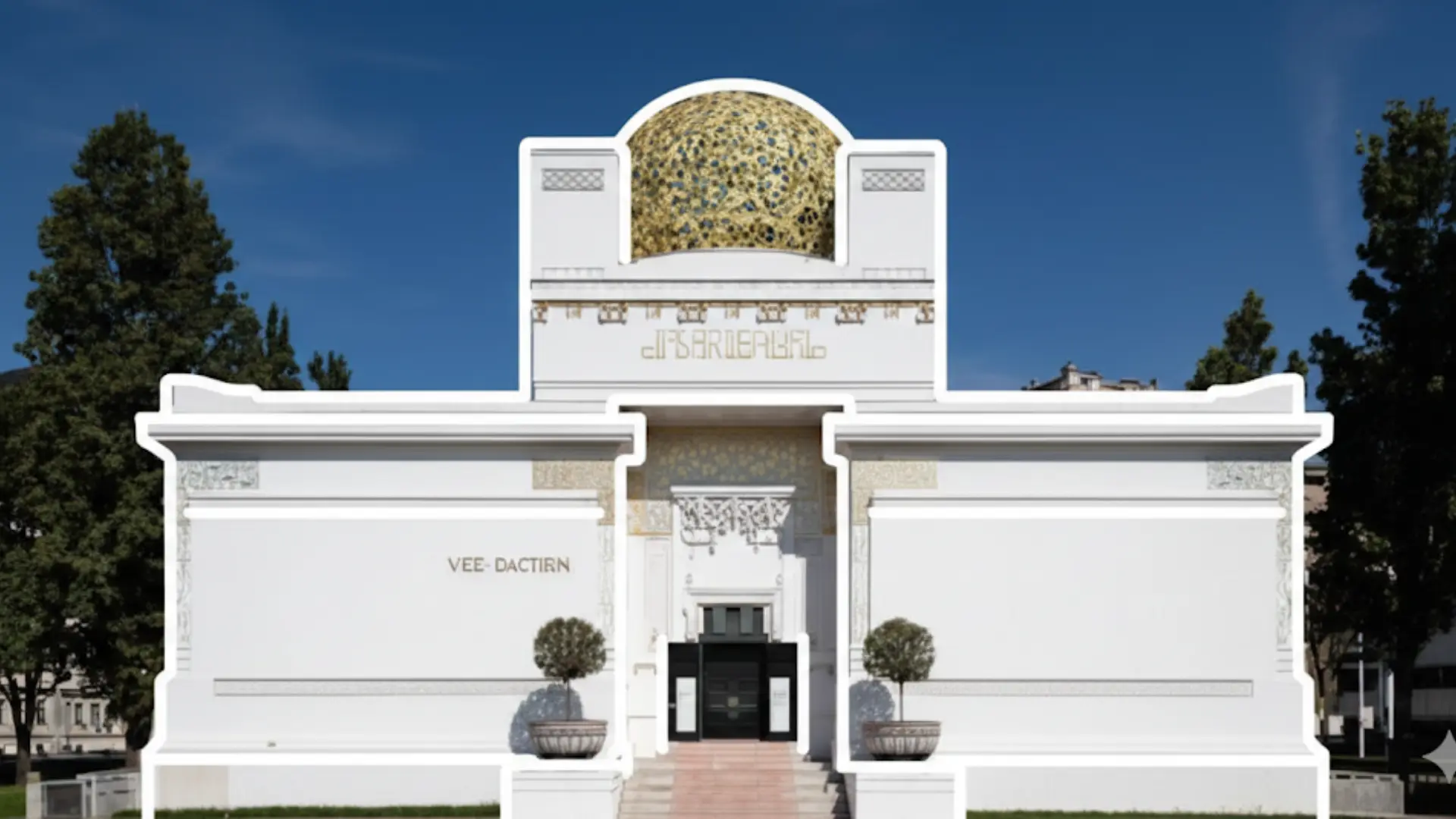 secession building vienna austria features a white cubic facade topped with a gold dome of laurel leaf sculptures
