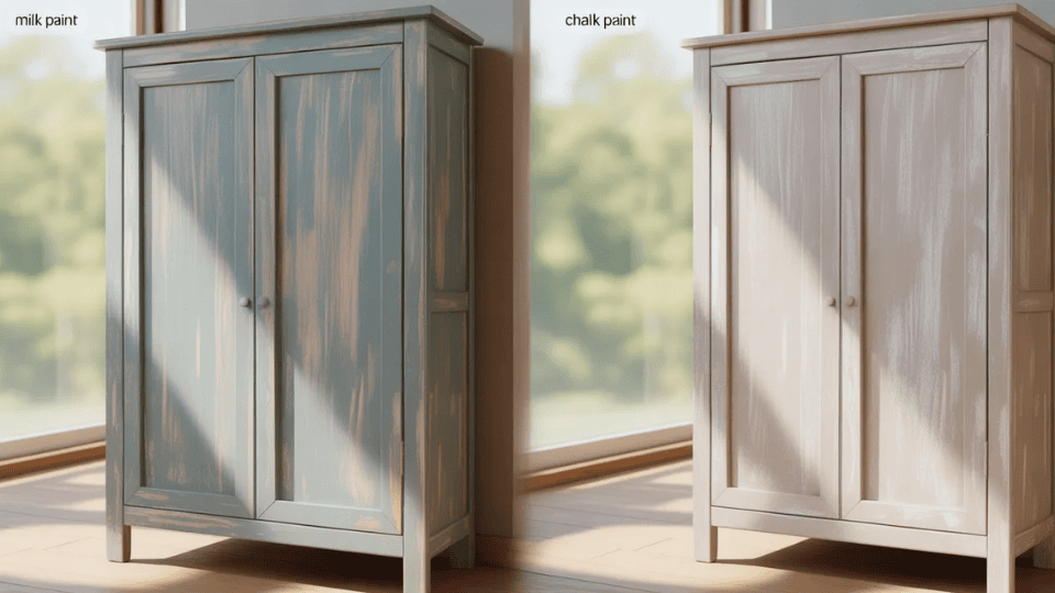 side-by-side almirahs left in textured blue milk paint, right in smooth white chalk paint, sunlit room setting