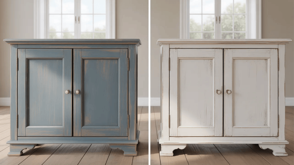 side-by-side cabinets left in textured blue milk paint, right in smooth white chalk paint, bright room backdrop