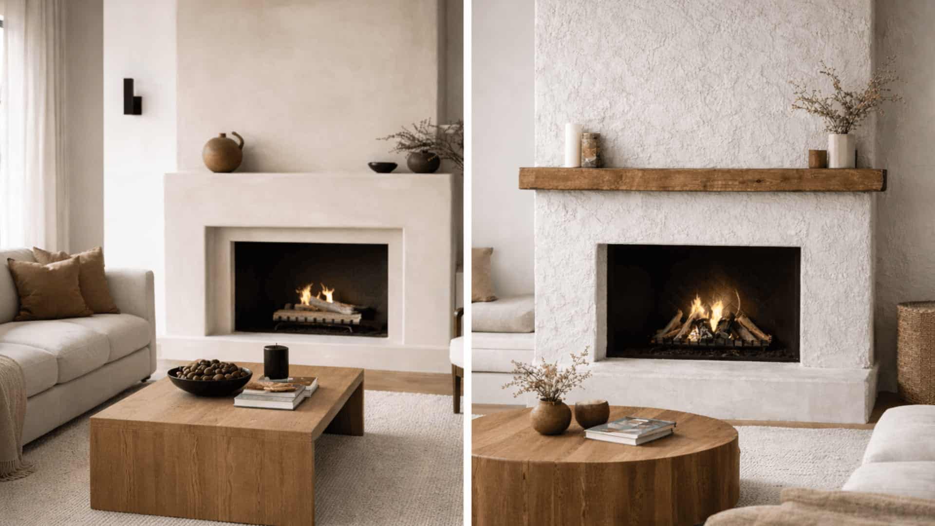 side by side comparison of textured stucco fireplace and smooth plaster fireplace in modern living rooms