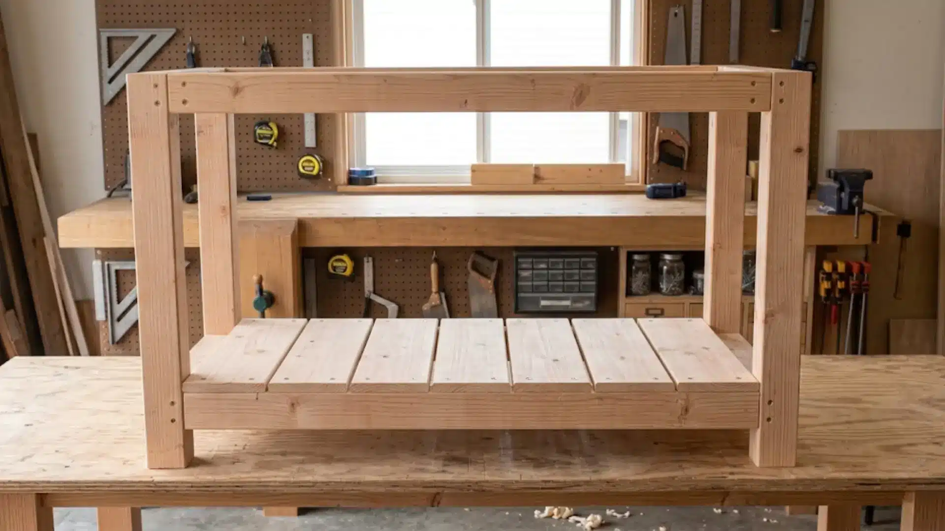 six light wooden planks are screwed into the bottom of a rectangular frame as you add the lower shelf for a workbench