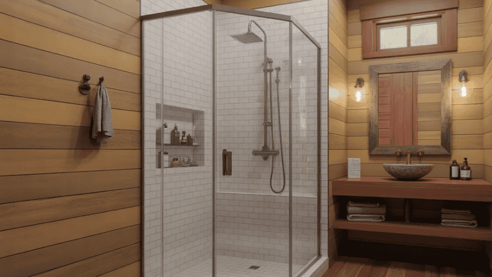 small cabin bathroom with compact layout wooden walls corner shower and rustic style