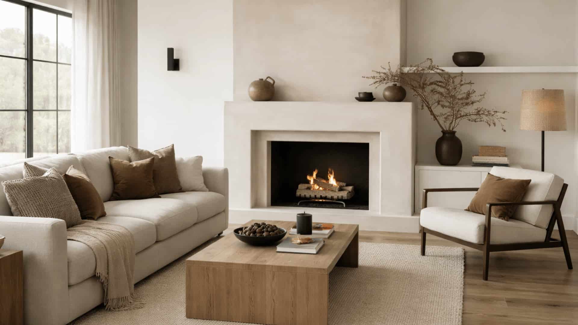 smooth beige plaster fireplace with light sofa, wood coffee table and layered modern decor in bright living room