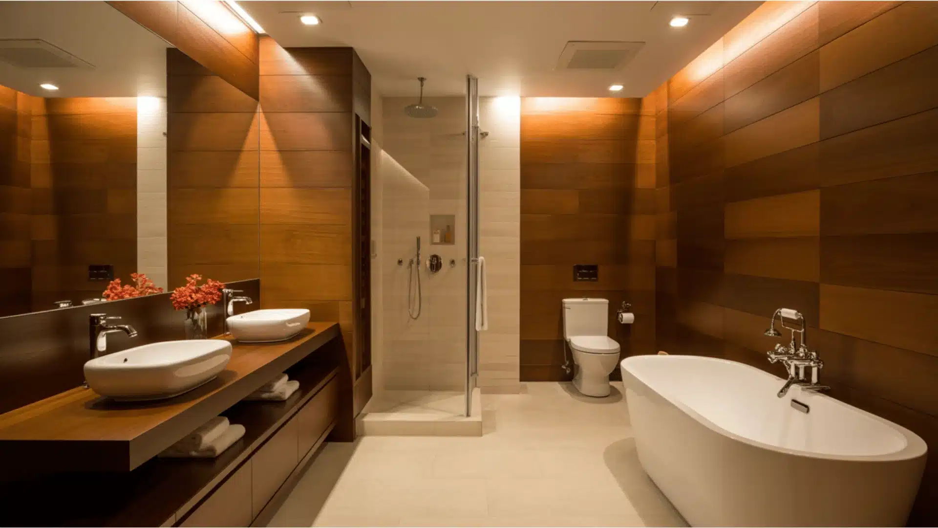 space features a freestanding oval white bathtub positioned on the right side, and a floating wooden vanity