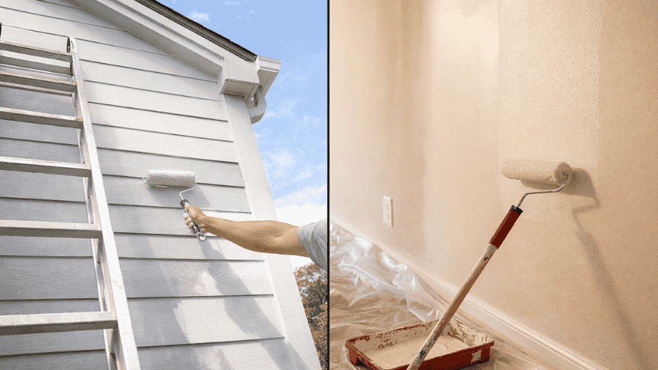split image of exterior house painting with ladder and roller, and interior wall painting with tray and drop cloth