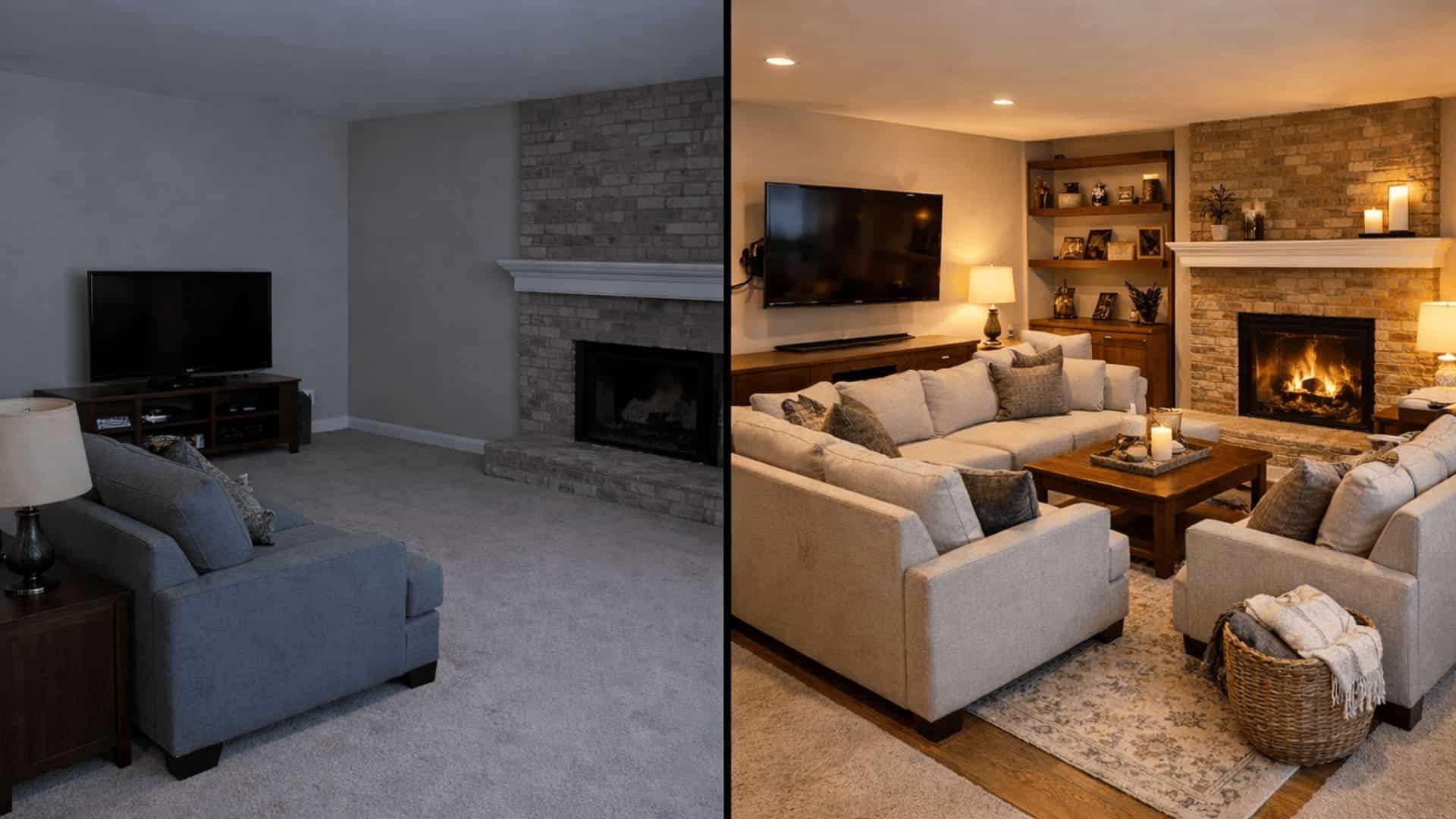 split screen living room before and after with awkward layout on left and cozy l shaped seating on right