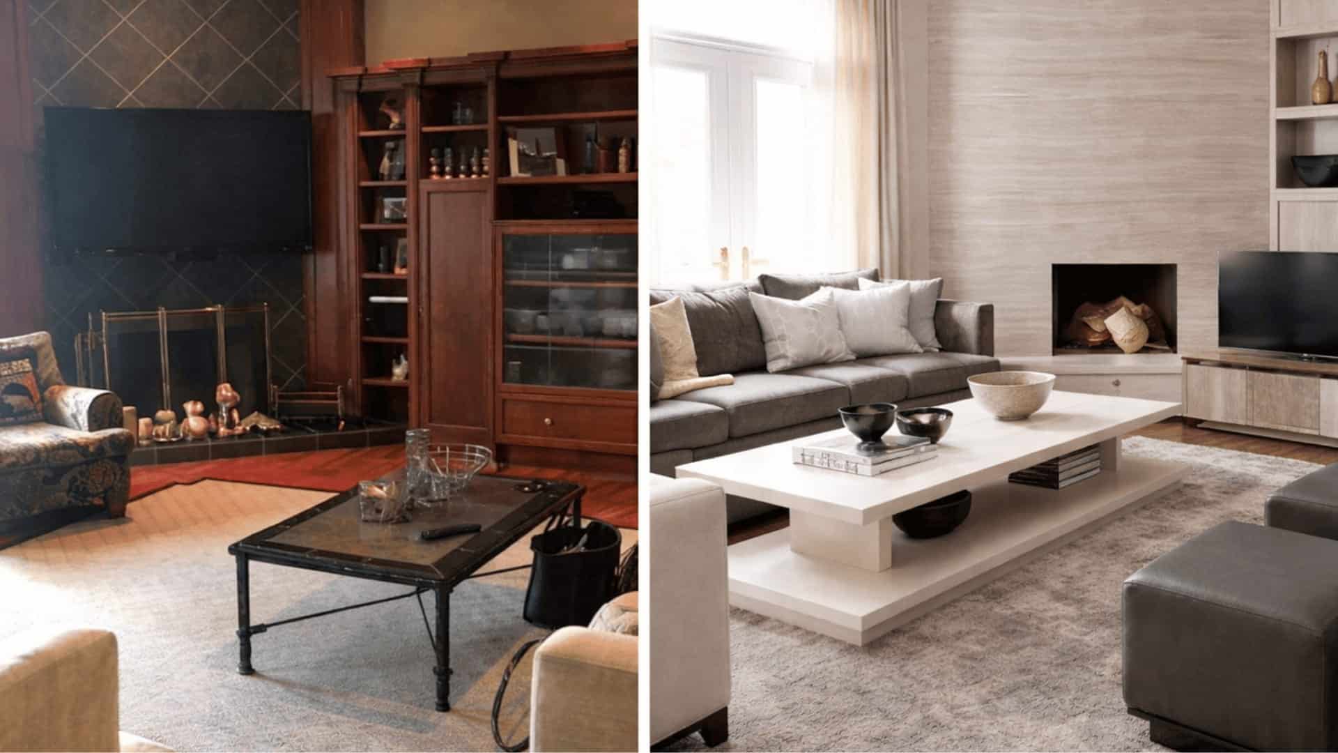 split screen living room before dark wood and cluttered layout and after bright neutral modern redesign