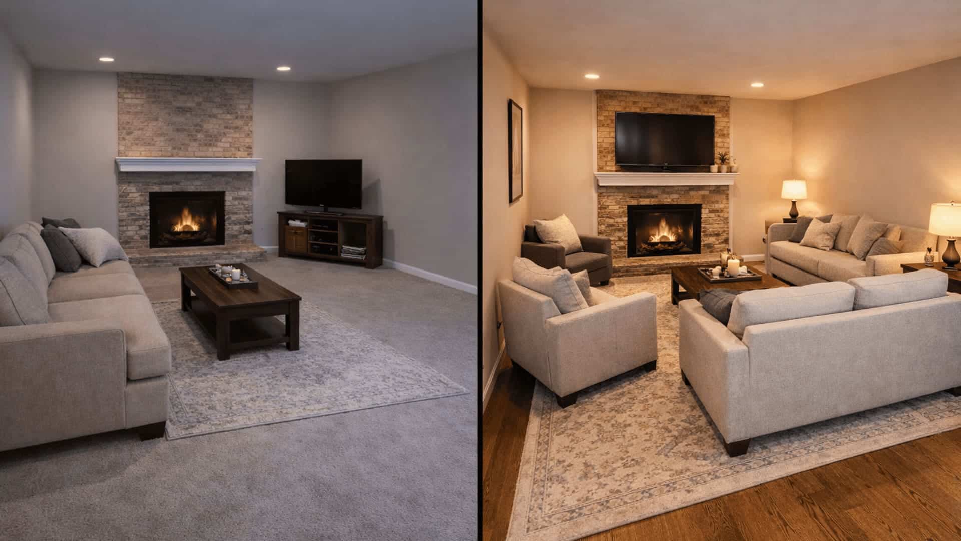 split screen living room with centered fireplace before stretched layout and after u shaped seating with rug
