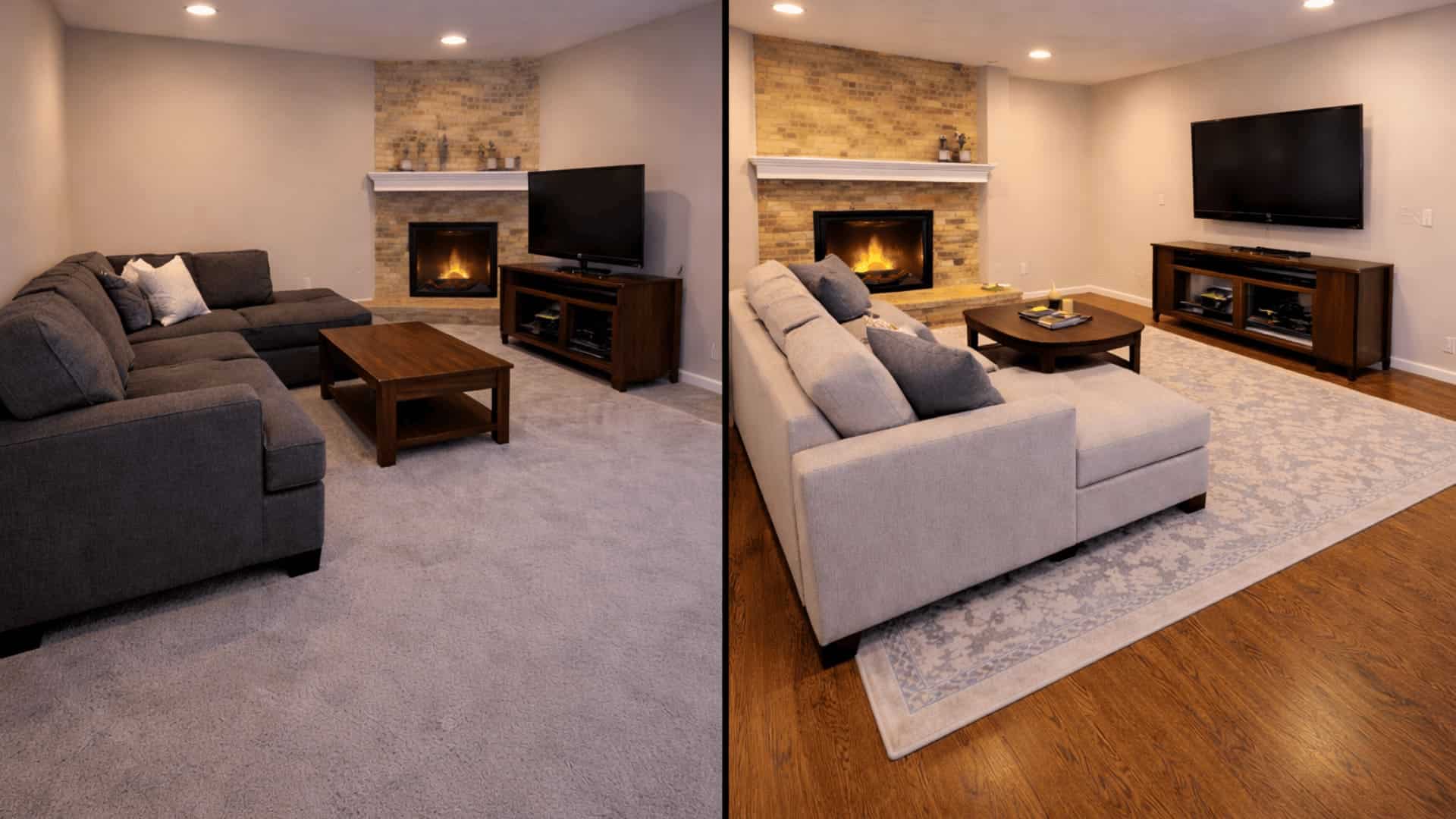 split screen living room with corner fireplace before flat sofa and after angled sectional with rug
