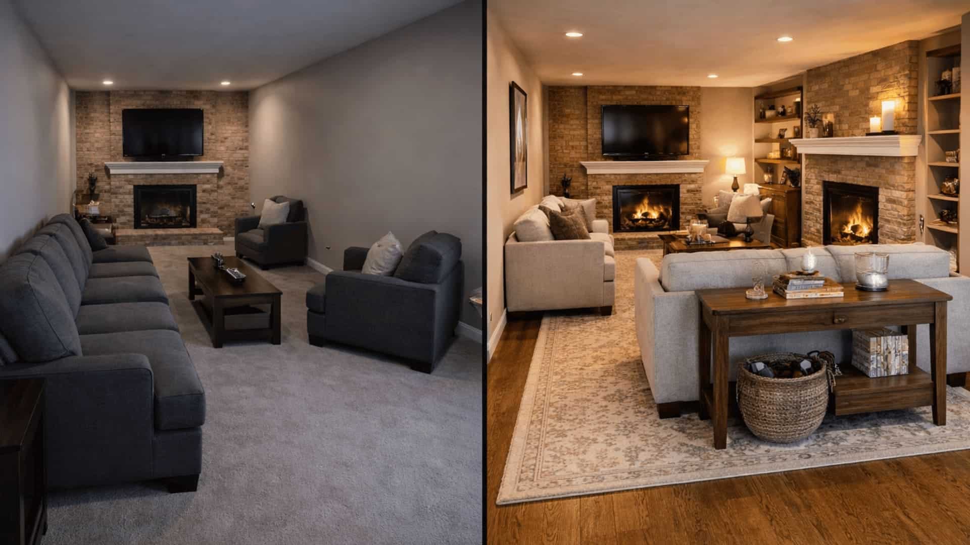 split screen narrow living room before with wall lined seating and after with floating sofa and chairs