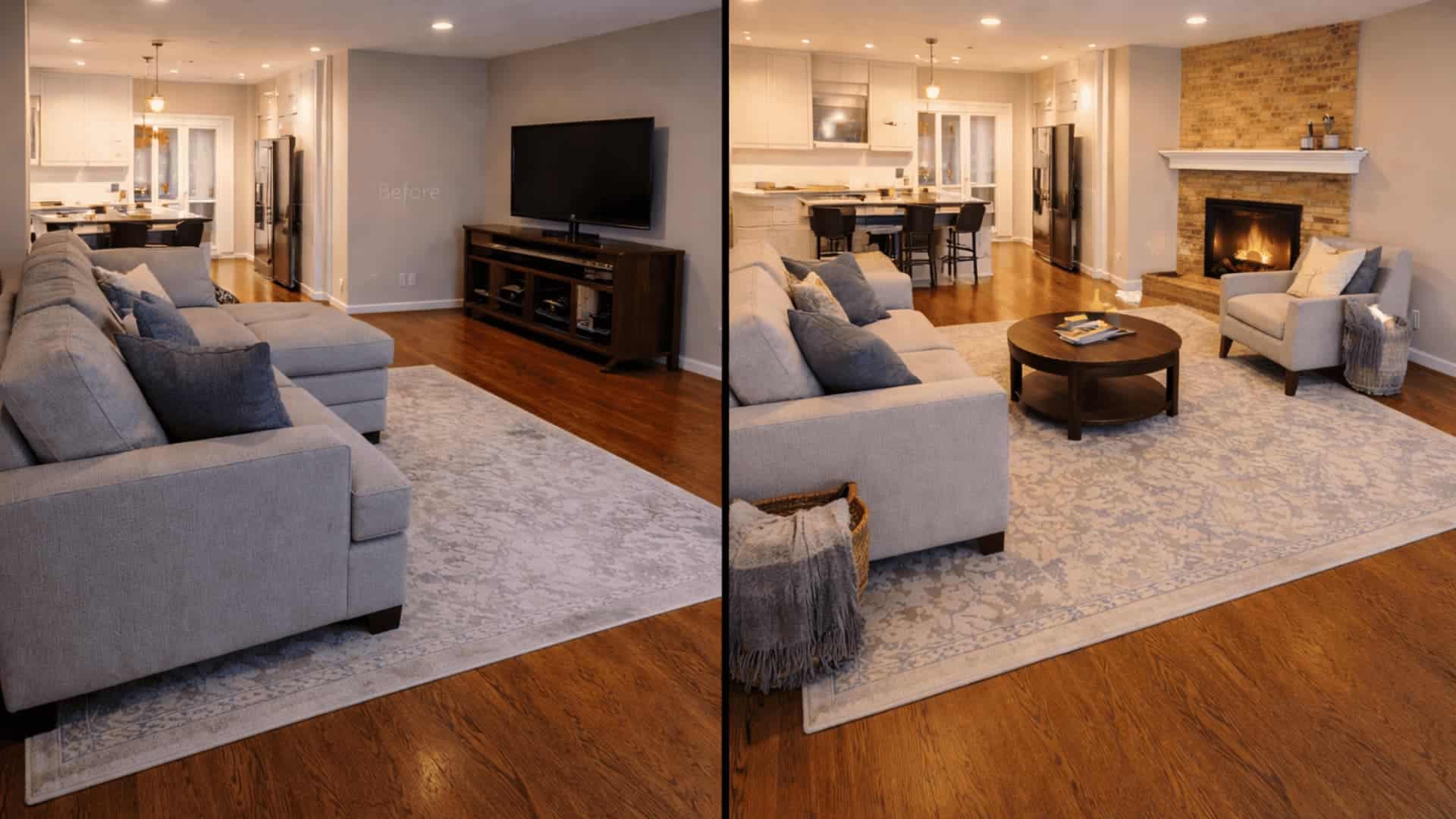 split screen open concept living room before disconnected layout and after angled sofa with rug defining space