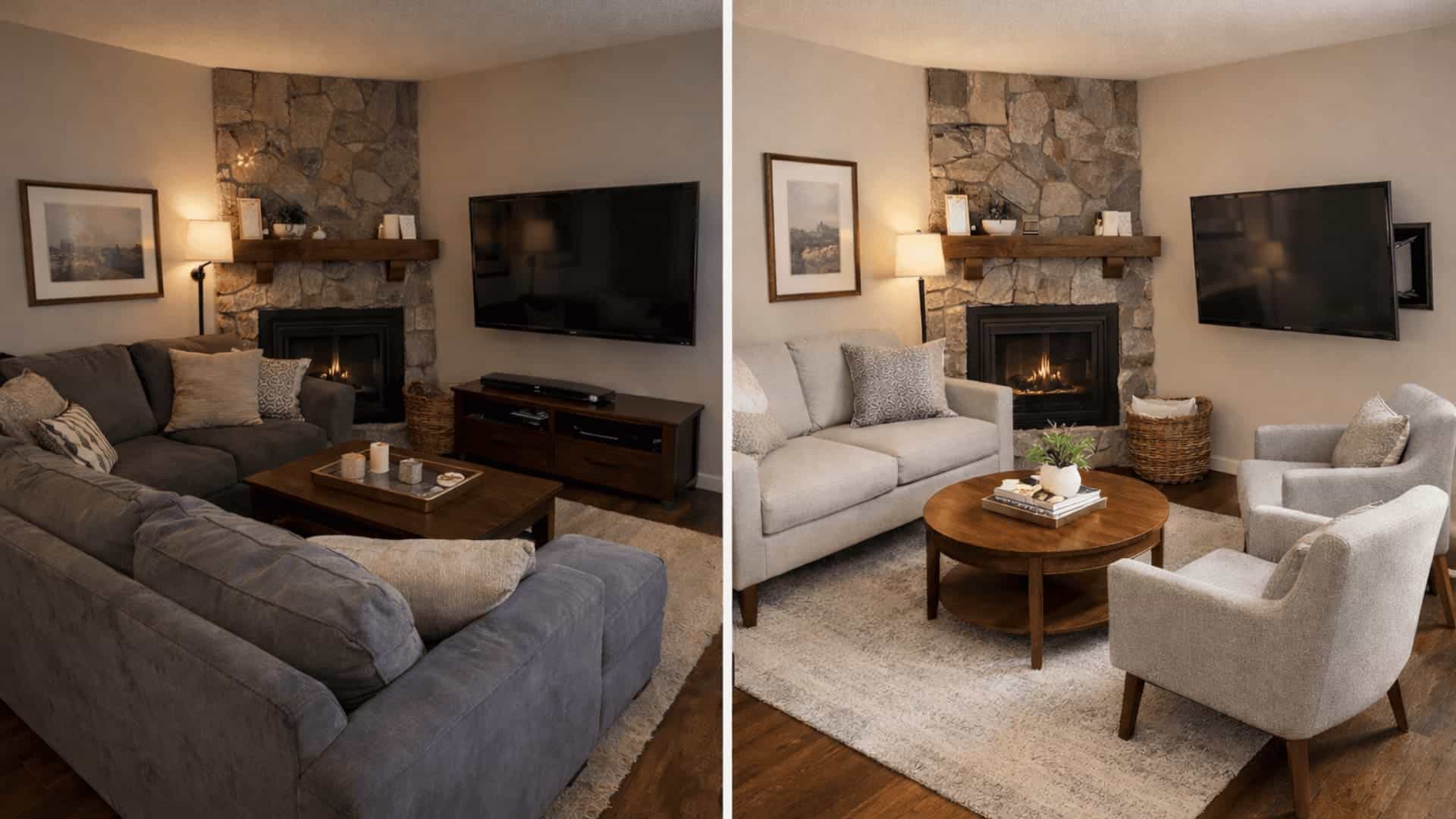 split-screen tiny living room with cramped dark layout on left and open airy layout with corner fireplace on right