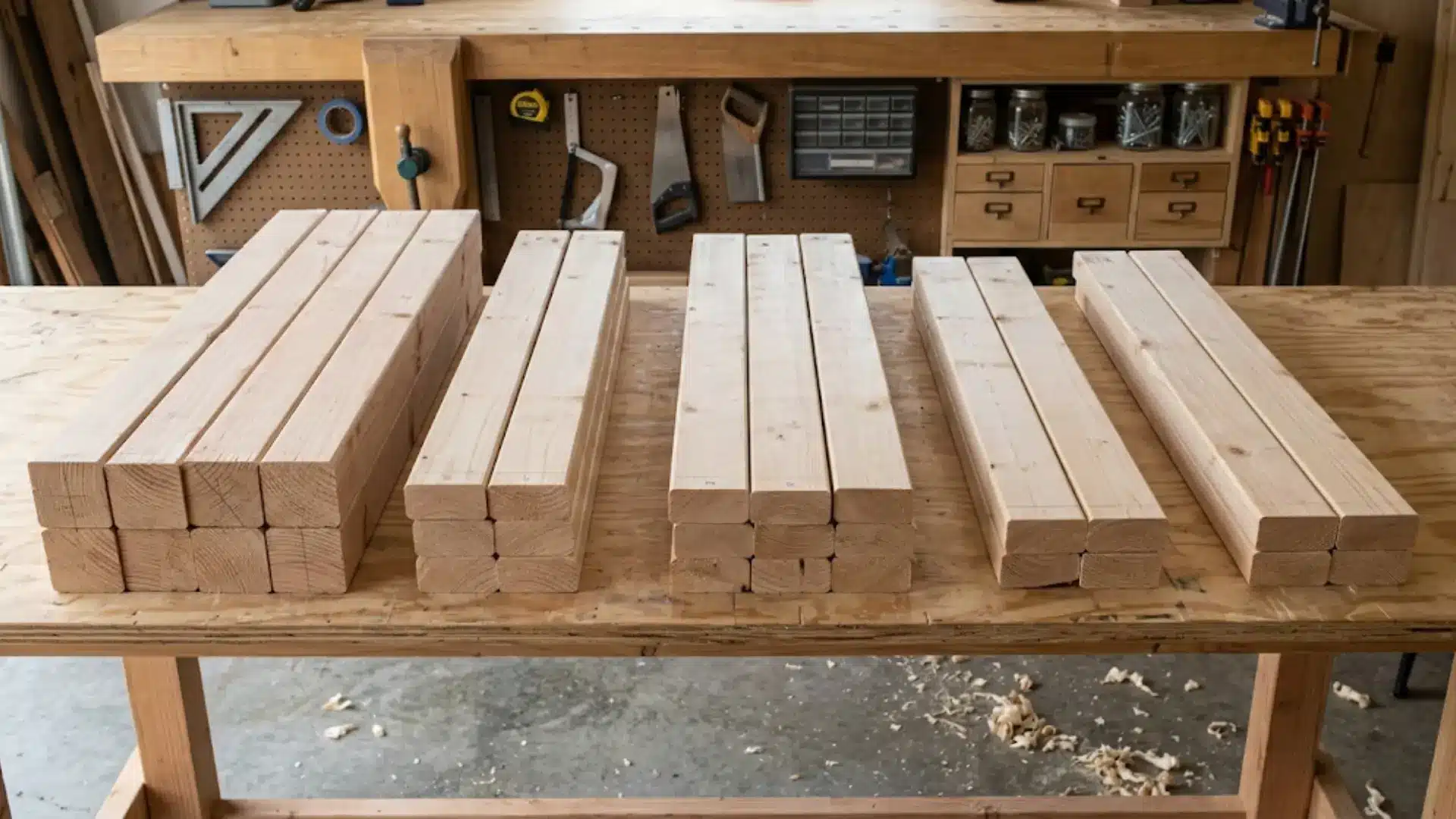 stacks of light-colored wood planks arranged on a workbench as you cut your lumber for a diy workbench project